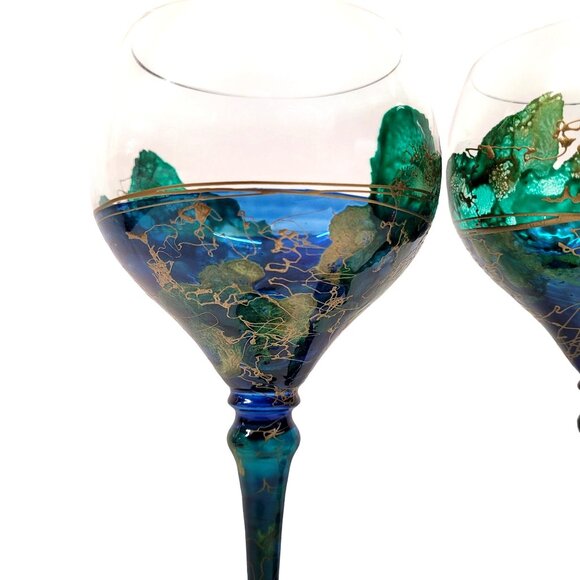 Monarch Crystal Lagoon Set 2 Hand Paint Wine Glasses Blue Green Gold Paint Loss - Picture 4 of 7
